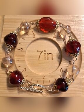 Earrings & Bracelet with Fancy Red & Champagne Color Glass Beads, Gold Filled